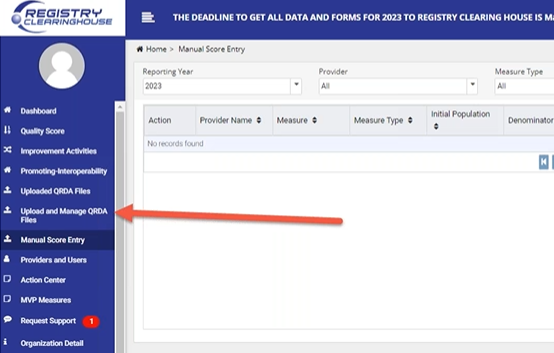 Registry Clearinghouse Left-Hand Menu Upload and Manage QRDA Files